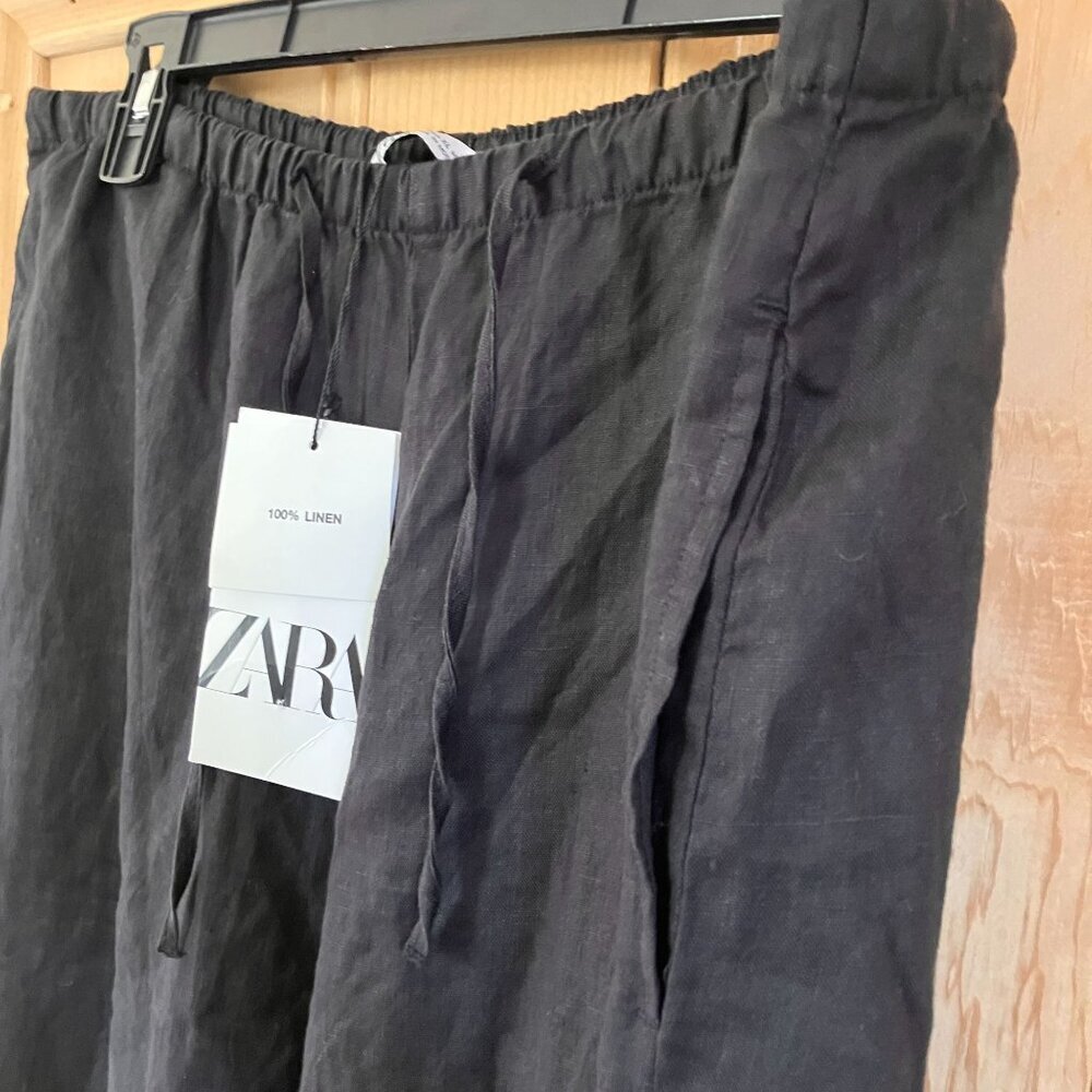 Zara Womens 100% Linen Wide Leg Drawstring Pockets Pants Size XL Black SP NWT - Picture 5 of 12